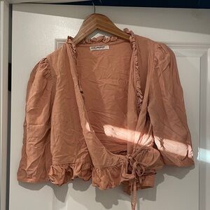 Amorous Ruffle Trim Peach semi crop wrap top medium